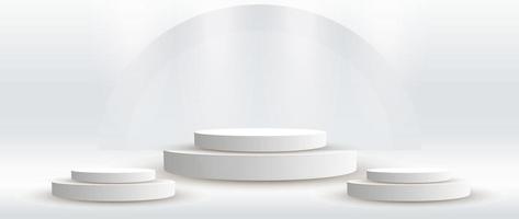 conjunto de estágio de pedestal de cilindro de pódios de prata abstrato. e ilustração em vetor conceito de palco vazio branco