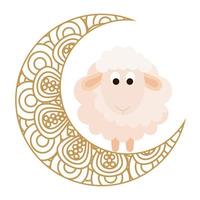 Ornamento de celebração eid em fundo branco, lua com ovelhas vetor