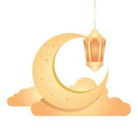 Lanterna ramadan kareem pendurada com lua crescente e nuvens douradas sobre fundo branco vetor