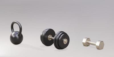 set-dois halteres 3d e um kettlebell em um fundo cinza. ilustração vetorial. vetor