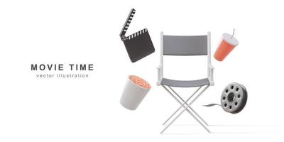 Cadeira de diretor realista 3D. bebida, lanches, bobinas de filme e claquete. ilustração vetorial. vetor