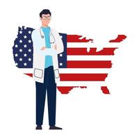 homem médico com estetoscópio e desenho vetorial de mapa de bandeira dos EUA vetor