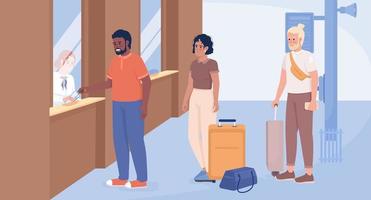 comprando bilhetes de avião ilustração vetorial de cor plana. viajantes com malas e pertences esperando na fila. personagens de desenhos animados simples 2d totalmente editáveis com interior do terminal do aeroporto em segundo plano vetor