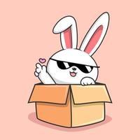 coelhinho nos desenhos animados da caixa - coelho fofo com mão de amor escondida na caixa legal com óculos de sol vetor