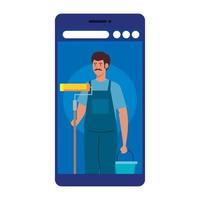 pintor homem trabalhador com rolo e balde em design de vetor de smartphone