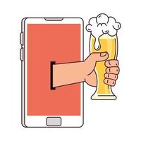 comunicação distante, mão segurando um copo de cerveja na tela do smartphone vetor