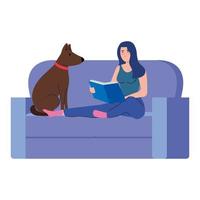 jovem lendo um livro sentada no sofá com um cachorro vetor