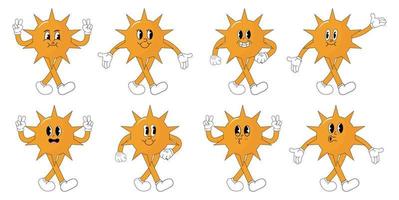 um conjunto de adesivos descolados de desenhos animados do sol com personagens cômicos engraçados, mãos enluvadas. ilustração moderna com pernas e braços. vetor