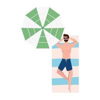 vista aérea, homem de shorts deitado, bronzeando-se na toalha, com guarda-chuva, temporada de férias de verão vetor