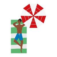 vista aérea, homem afro em shorts deitado, bronzeando-se na toalha, com guarda-chuva, temporada de férias de verão vetor