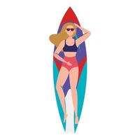 mulher com maiô, deitada na prancha de surf, temporada de férias de verão vetor