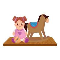 brinquedos infantis, boneca com cavalo de balanço de madeira, em fundo branco vetor