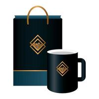 caneca e bolsa de papel preto maquete com sinal dourado, identidade corporativa vetor