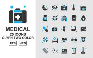 Pacote de ícones de duas cores com 25 glifos médicos premium vetor