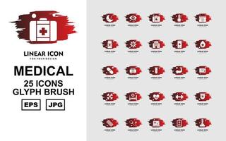Pacote de 25 ícones de pincel de glifo médico premium vetor