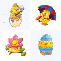 conjunto de vetor de pintinho de páscoa, bebê de galinha fofo e ovo, pequeno roqueiro de desenho animado, ícone de animal engraçado amarelo.