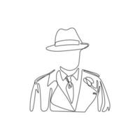 homem misterioso de chapéu e casaco em estilo de desenho de uma linha. conceito anônimo e sem rosto. mão desenhada ilustração vetorial. vetor