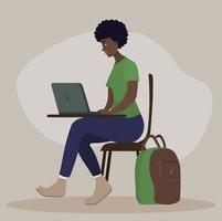 casa do conceito de trabalho. jovem mulher trabalhando em casa, sentada com o laptop. estudante ou freelancer. vetor
