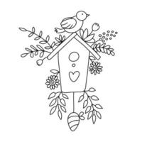 bela casa de passarinho decorada com galhos de primavera, flores e um pássaro em estilo doodle. contorno isolado. ilustração vetorial desenhada à mão em branco. ótimo para cartões de páscoa, livros para colorir. vetor