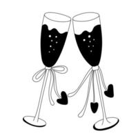 bonitos copos de champanhe decorados com fitas e corações. elemento de design do dia dos namorados. ilustração em vetor doodle para cartazes e cartões isolados no branco. contorno preto.