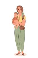 mulher moderna segurando o bebê nos braços. conceito de gravidez e amamentação. ilustração vetorial. vetor