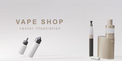 Banner promocional 3d para vape shop - dois dispositivos vaping dourados realistas e garrafa de plástico para vaping. ilustração vetorial. vetor