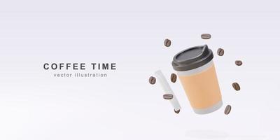 Banner 3D com xícara de café de papel realista, açúcar em bastão e grãos de café. ilustração vetorial. vetor