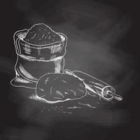 ilustração vetorial de esboço desenhado à mão de massa, rolo e saco de farinha. fundo do quadro-negro, desenho branco. ícone de esboço e elemento de padaria. vetor