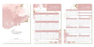 modelo de planejador financeiro mensal e semanal com manchas rosa aquarela com glitter. design delicado para meninas e mulheres. vetor