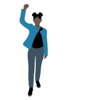 uma garota negra em uma jaqueta fica com a mão levantada, vetor plano, isolar em branco, protesto, ilustração sem rosto
