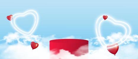 pódio cilíndrico vermelho nas nuvens. modelo para o dia dos namorados. ilustração vetorial vetor