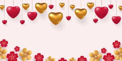 Ouro metálico 3d e corações vermelhos em um fundo vermelho brilhante. conceito de amor decorativo para dia dos namorados ou casamento. bandeira de venda. lugar para o seu texto. vetor