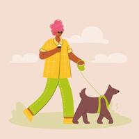 mulher morena africana feliz andando com cachorro no parque. passear com o seu cão mês. atividade ao ar livre com animal de estimação. ilustração vetorial na moda em estilo simples. vetor
