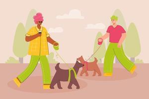 pessoas felizes andando com cachorro no parque. passear com o seu cão mês. atividade ao ar livre com animal de estimação. ilustração vetorial na moda em estilo simples. vetor