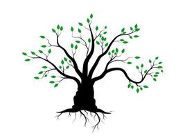 árvores e raízes com folhas verdes ficam lindas e refrescantes. estilo de logotipo de árvore e raízes. vetor