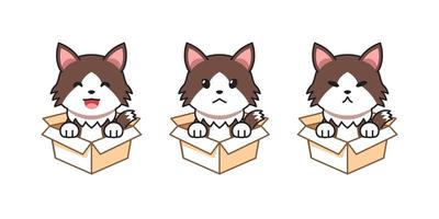 conjunto de ilustração de desenho vetorial de gato maltrapilho mostrando diferentes emoções em caixas de papelão vetor