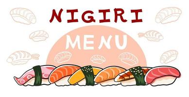 delicioso sushi nigiri definir banner com fundo branco. página de menu de comida japonesa. vetor