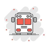 ícone de ônibus em estilo cômico. ilustração em vetor ônibus carro dos desenhos animados no fundo branco isolado. conceito de negócio de efeito de respingo de autobus.