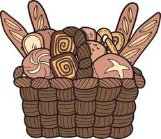 conjunto desenhado à mão de pão na ilustração da cesta no estilo doodle vetor