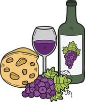 queijo desenhado à mão e ilustração de vinho de uva em estilo doodle vetor