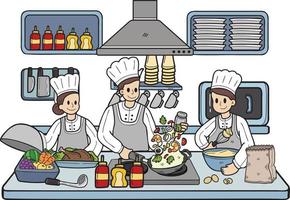 chef desenhado à mão está cozinhando na ilustração da cozinha no estilo doodle vetor