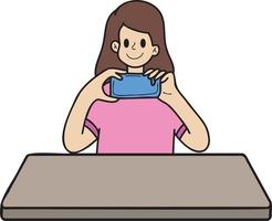 mulher desenhada de mão tirando foto na ilustração da mesa de jantar no estilo doodle vetor