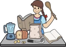 mulher desenhada de mão praticando ilustração culinária no estilo doodle vetor