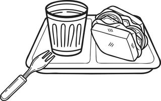 sanduíche desenhado à mão e café na ilustração do prato no estilo doodle vetor
