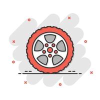 ícone de roda de carro em estilo cômico. ilustração em vetor parte dos desenhos animados do veículo no fundo branco isolado. conceito de negócio de efeito de respingo de pneu.