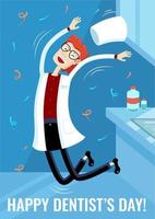 dentista feliz pulando em confete no dia internacional do dentista, um médico, um homem no interior da clínica odontológica, pôster vetorial vertical, banner, convite. vetor