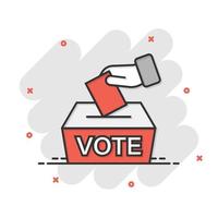 ícone de votação em estilo cômico. ilustração em vetor urnas cartoon sobre fundo branco isolado. conceito de negócio de efeito de respingo de eleição.