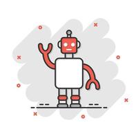 ícone bonito robô chatbot em estilo cômico. ilustração em vetor bot operador dos desenhos animados no fundo branco isolado. conceito de negócio de efeito de respingo de personagem chatbot inteligente.