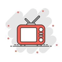 ícone da tv em estilo cômico. ilustração em vetor sinal de desenho animado de televisão em fundo branco isolado. conceito de negócio de efeito de respingo de canal de vídeo.