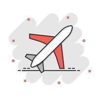 ícone de avião em estilo cômico. ilustração em vetor avião dos desenhos animados no fundo branco isolado. conceito de negócio de efeito de respingo de avião de voo.